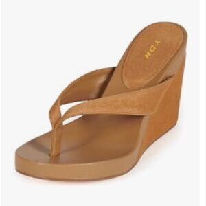 YDN Sandy Brown Wedge Heel Flip Flops Open Round Toe High Heels Slip On Sandals